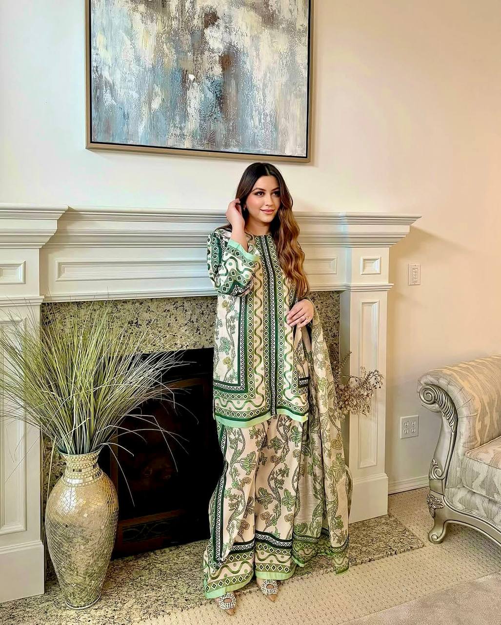 Sangeet Wear Wear Green Color Pure Natural Crepe Matching Digital Printed Co-ord Palazzo Suit Set