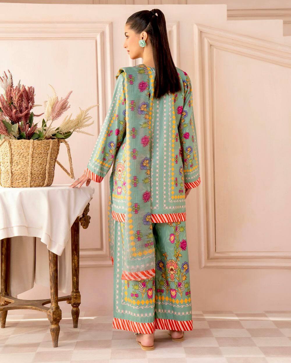 Festive Wear Light Green Color Pure Natural Crepe Matching Digital Printed Co-ord Palazzo Suit Set