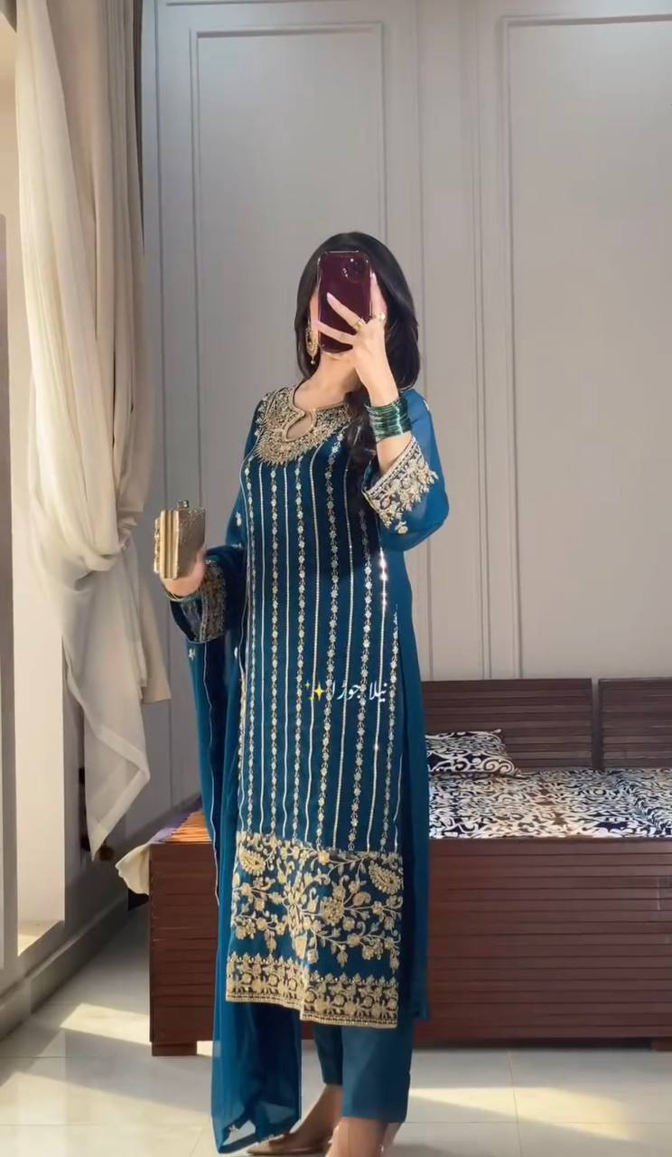 Wedding Wear Teal Blue Color Heavy Chinon Silk With Embroidery Sequence Work Salwar Suit