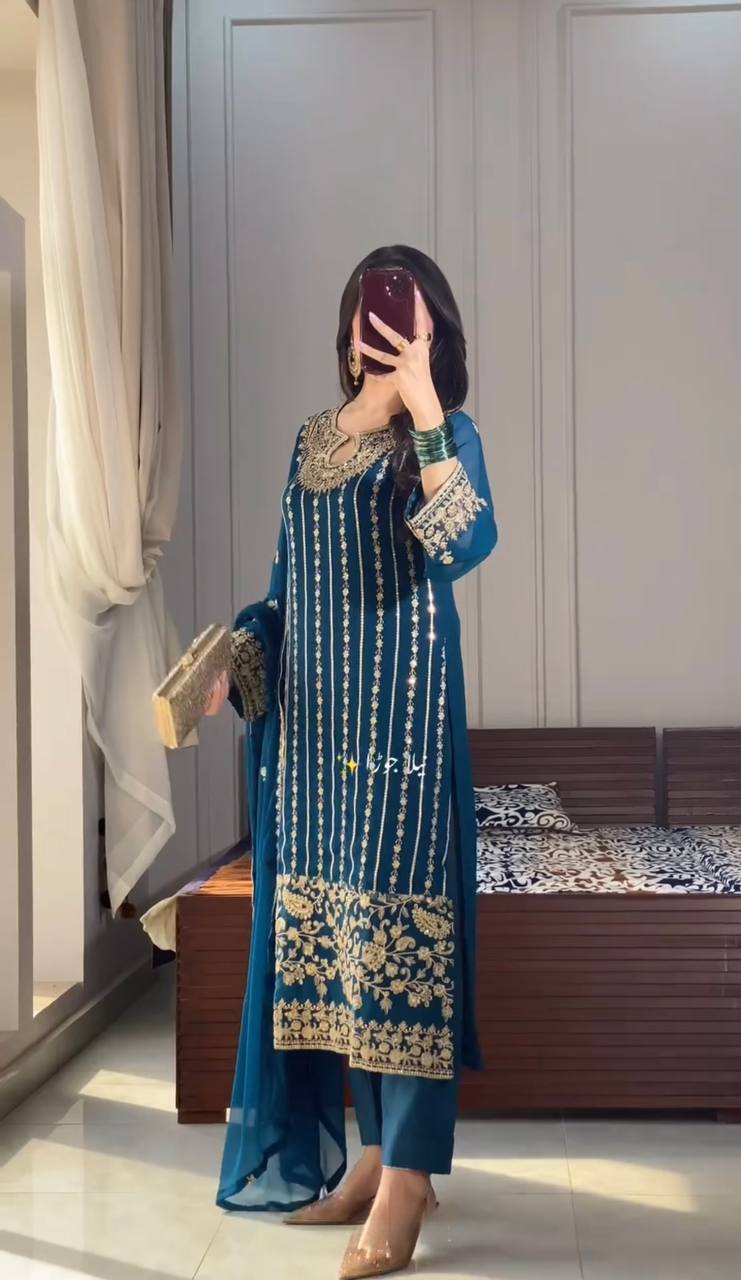 Wedding Wear Teal Blue Color Heavy Chinon Silk With Embroidery Sequence Work Salwar Suit
