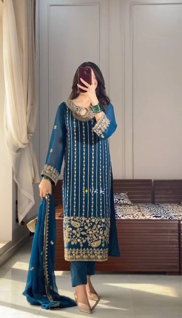 Wedding Wear Teal Blue Color Heavy Chinon Silk With Embroidery Sequence Work Salwar Suit