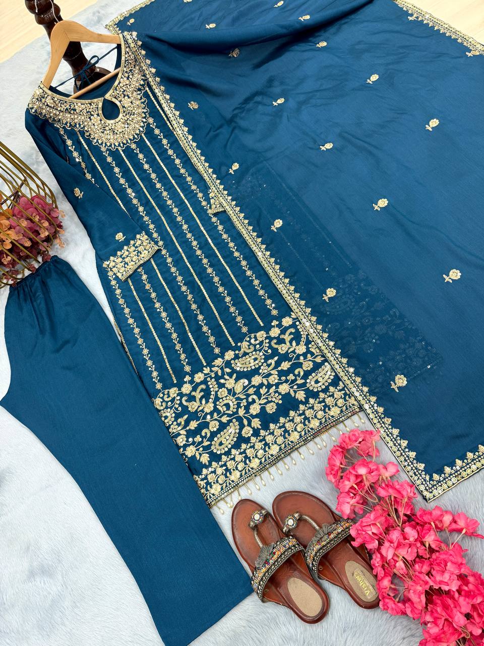 Wedding Wear Teal Blue Color Heavy Chinon Silk With Embroidery Sequence Work Salwar Suit