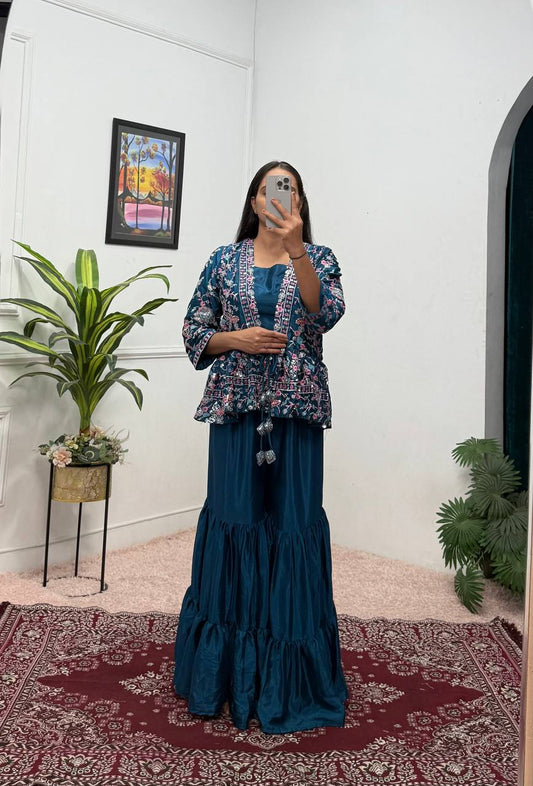 Beautiful Teal Green Color Chinon And Embroidery Work Koti With Palazzo Set