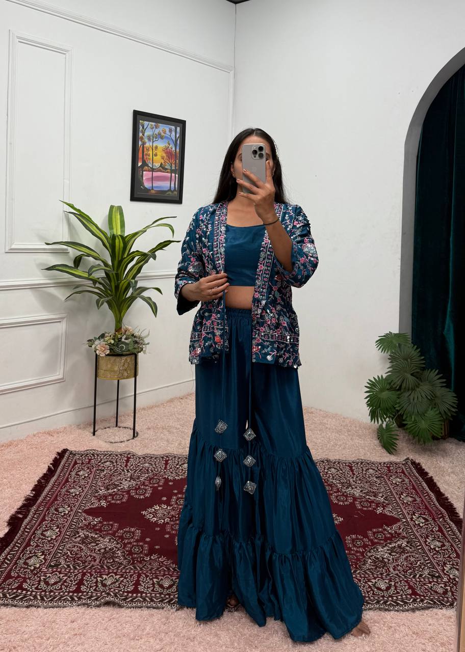 Beautiful Teal Green Color Chinon And Embroidery Work Koti With Palazzo Set