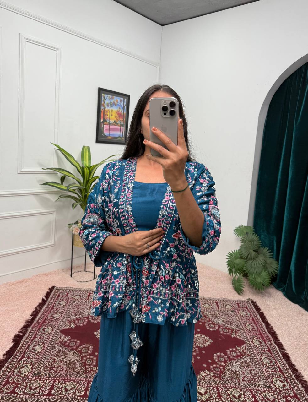 Beautiful Teal Green Color Chinon And Embroidery Work Koti With Palazzo Set