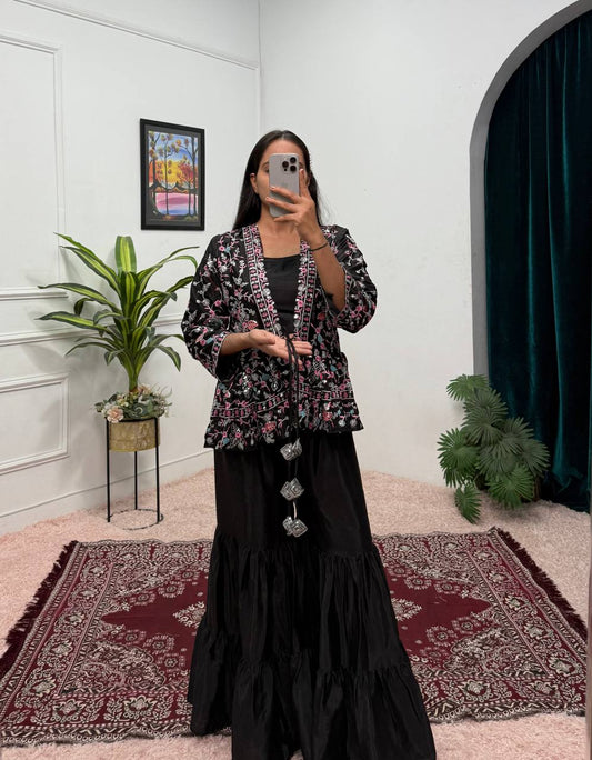 Beautiful Black Color Chinon And Embroidery Work Koti With Palazzo Set