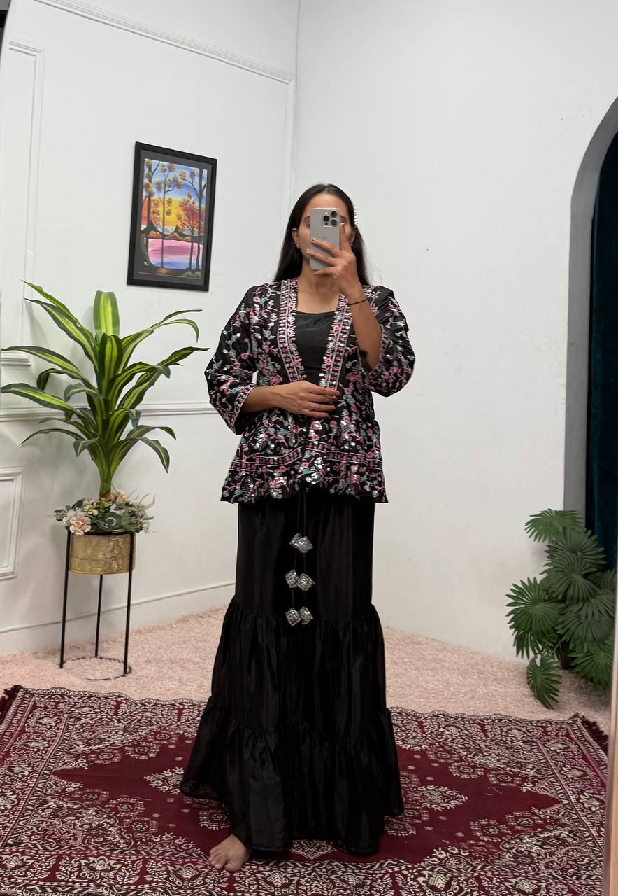 Beautiful Black Color Chinon And Embroidery Work Koti With Palazzo Set