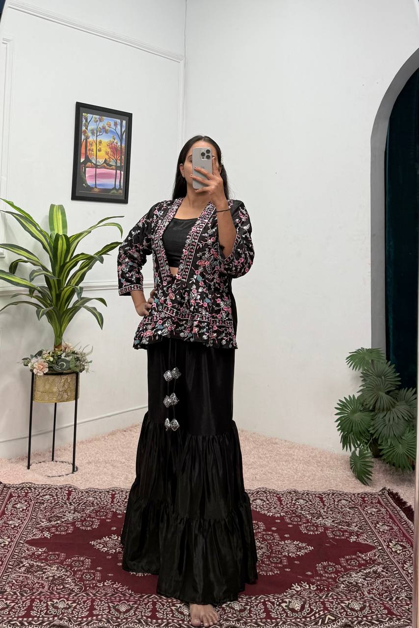 Beautiful Black Color Chinon And Embroidery Work Koti With Palazzo Set