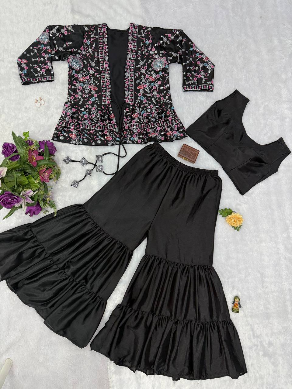 Beautiful Black Color Chinon And Embroidery Work Koti With Palazzo Set