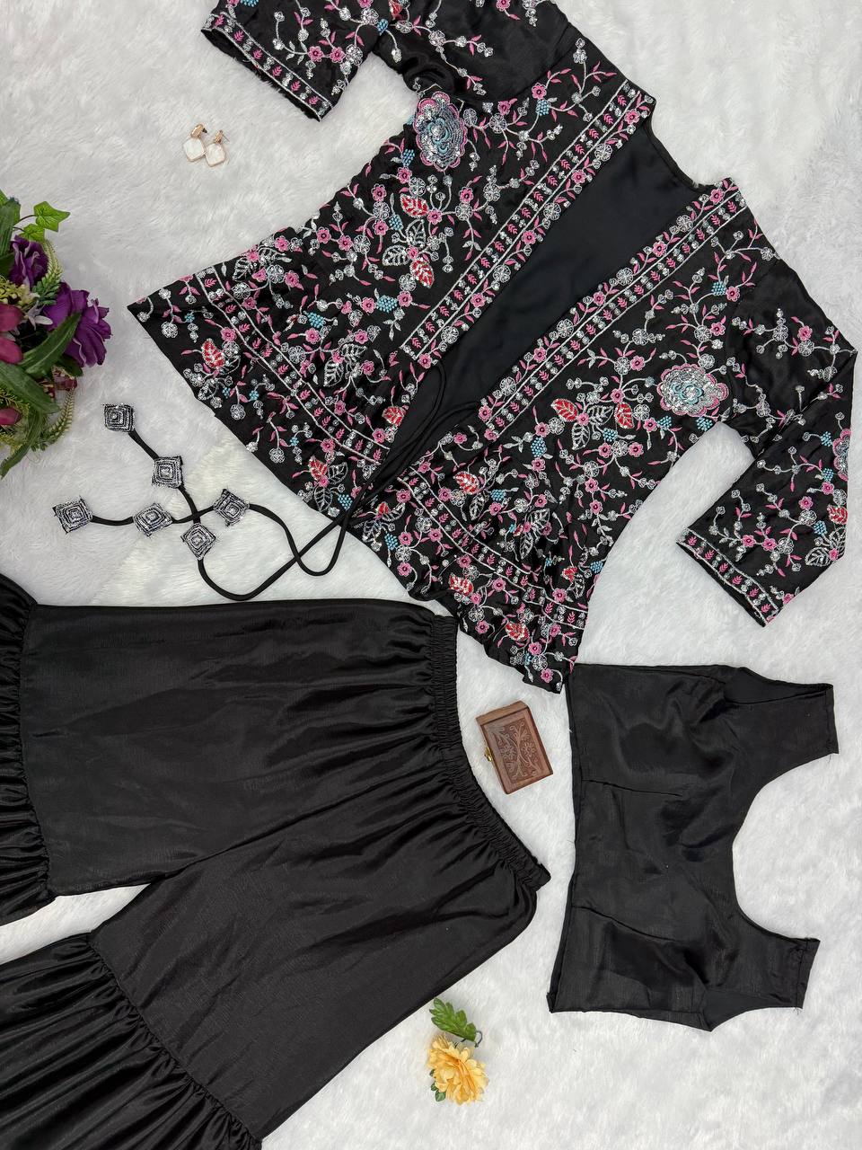 Beautiful Black Color Chinon And Embroidery Work Koti With Palazzo Set