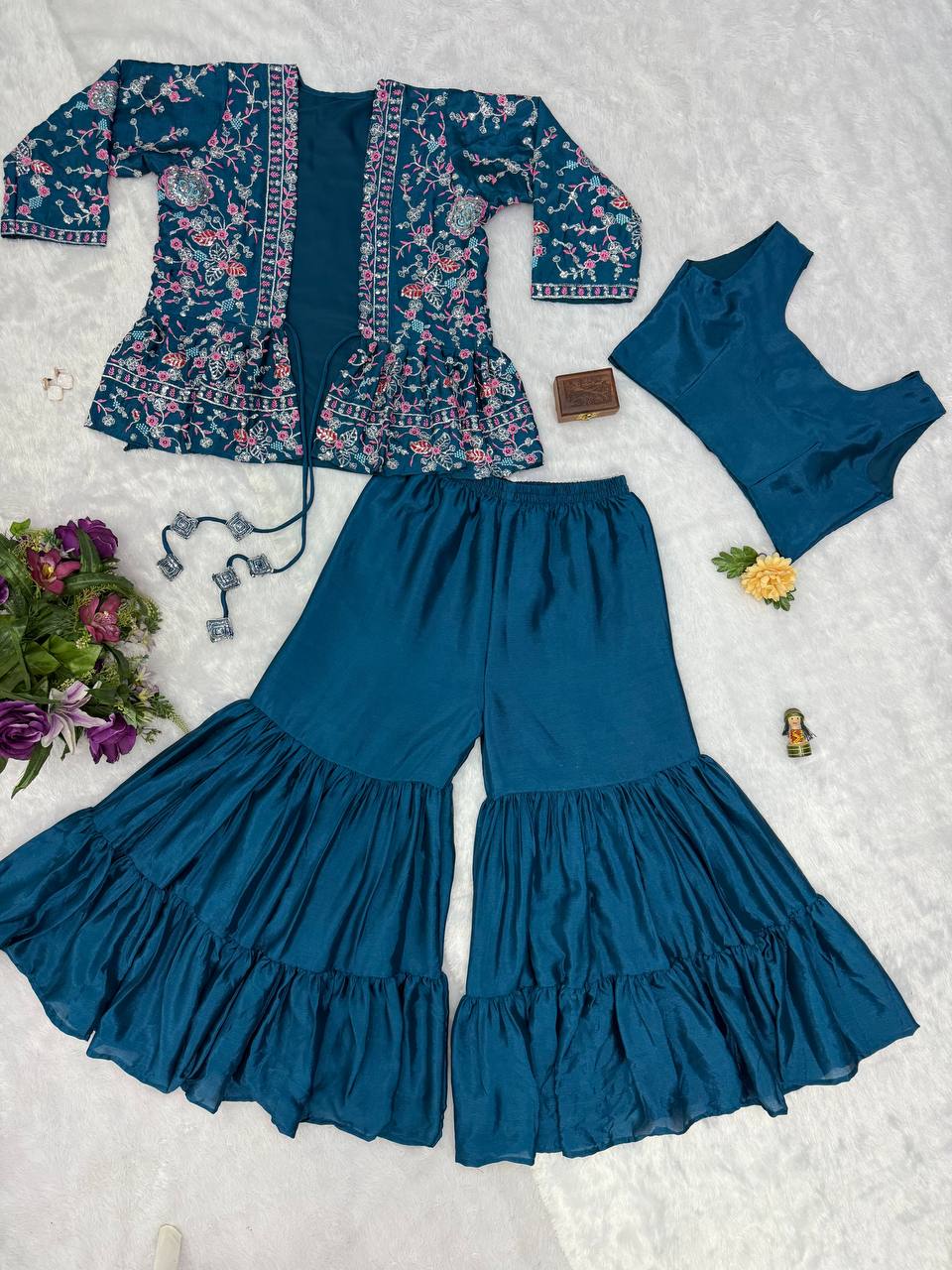 Beautiful Teal Green Color Chinon And Embroidery Work Koti With Palazzo Set