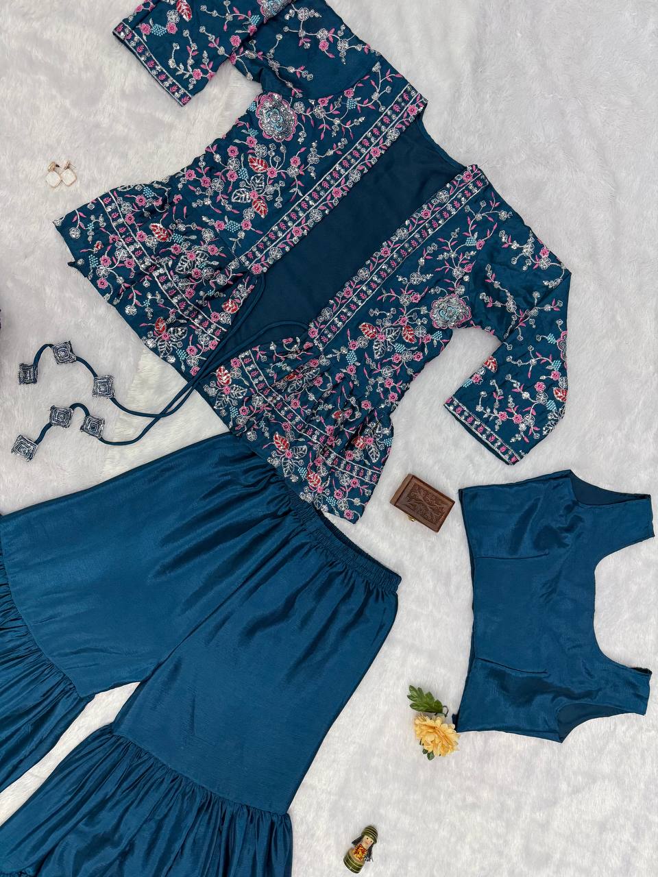 Beautiful Teal Green Color Chinon And Embroidery Work Koti With Palazzo Set