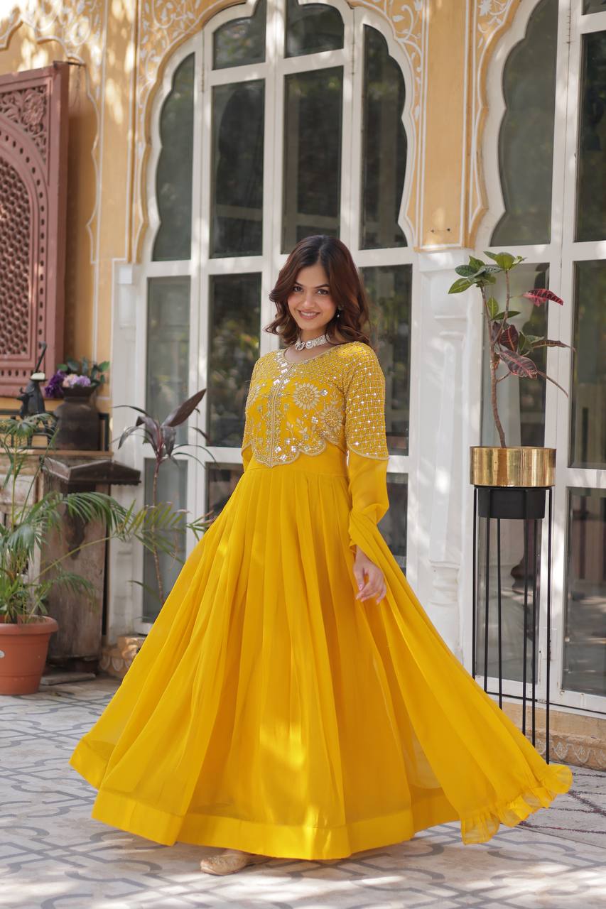 Party Wear Yellow Color Faux Blooming Georgette With Attractive Embroidered Work Designer Gown