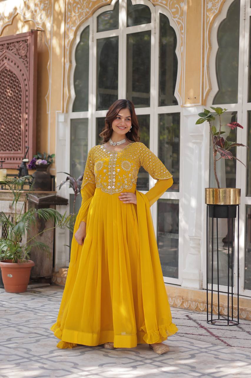 Party Wear Yellow Color Faux Blooming Georgette With Attractive Embroidered Work Designer Gown