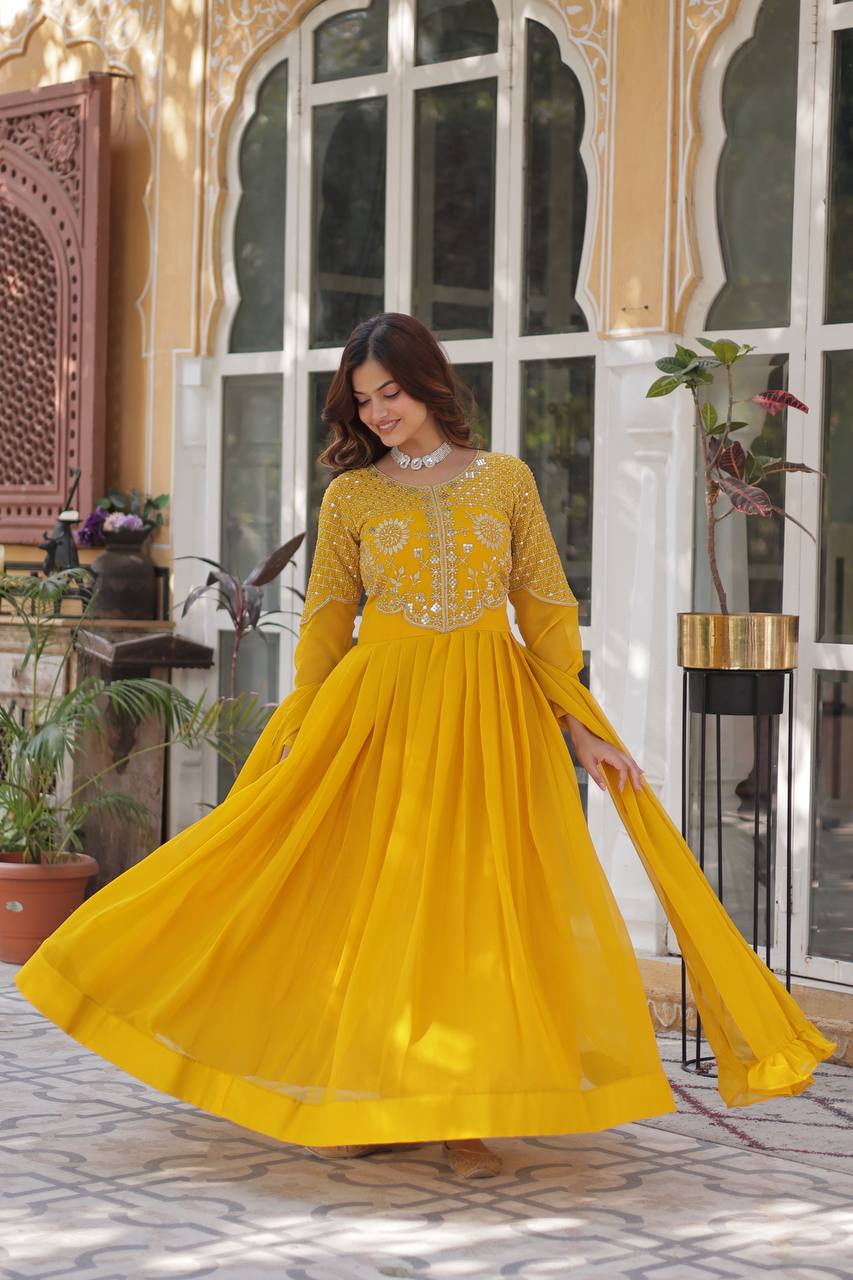 Party Wear Yellow Color Faux Blooming Georgette With Attractive Embroidered Work Designer Gown
