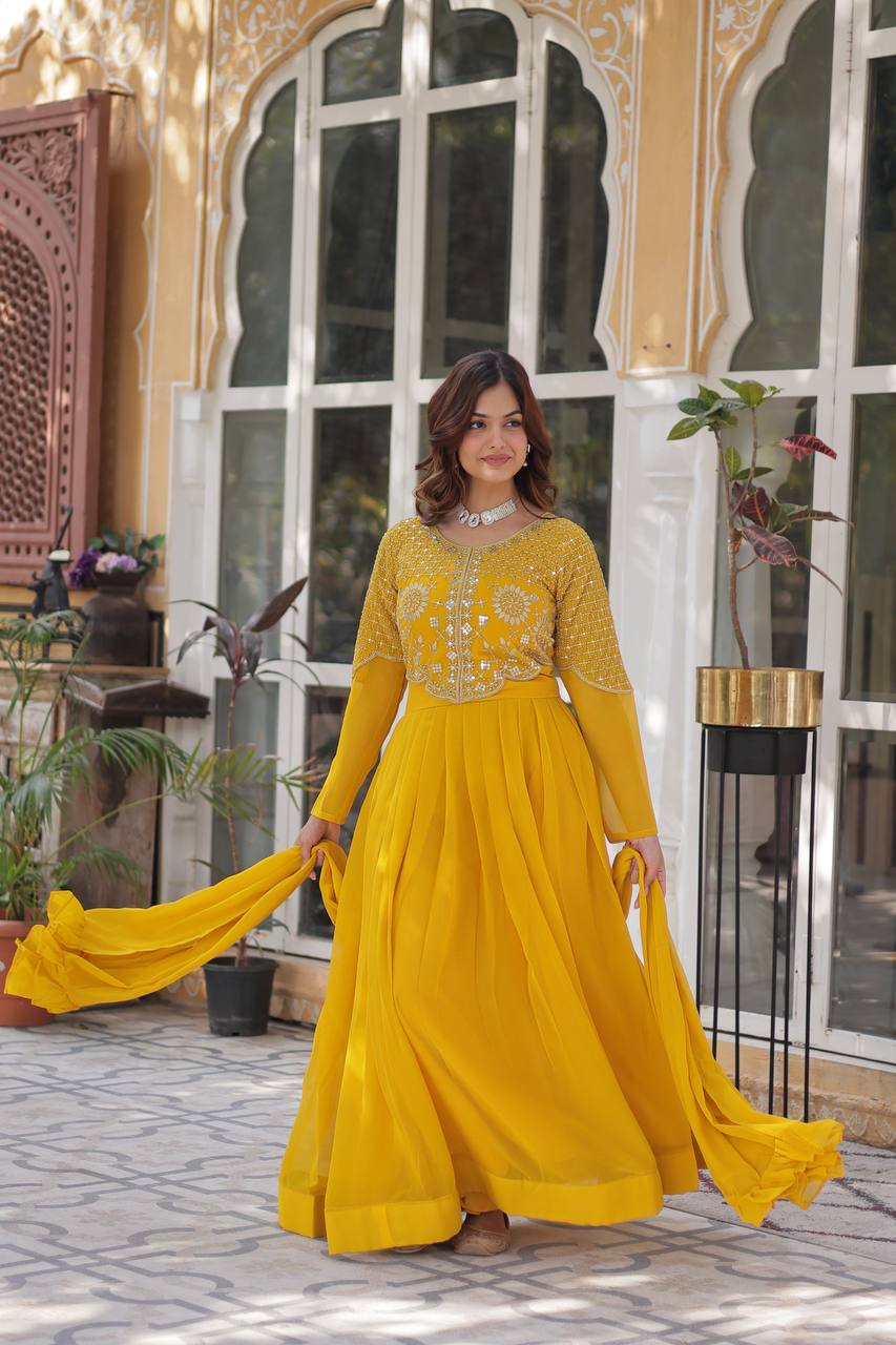 Party Wear Yellow Color Faux Blooming Georgette With Attractive Embroidered Work Designer Gown