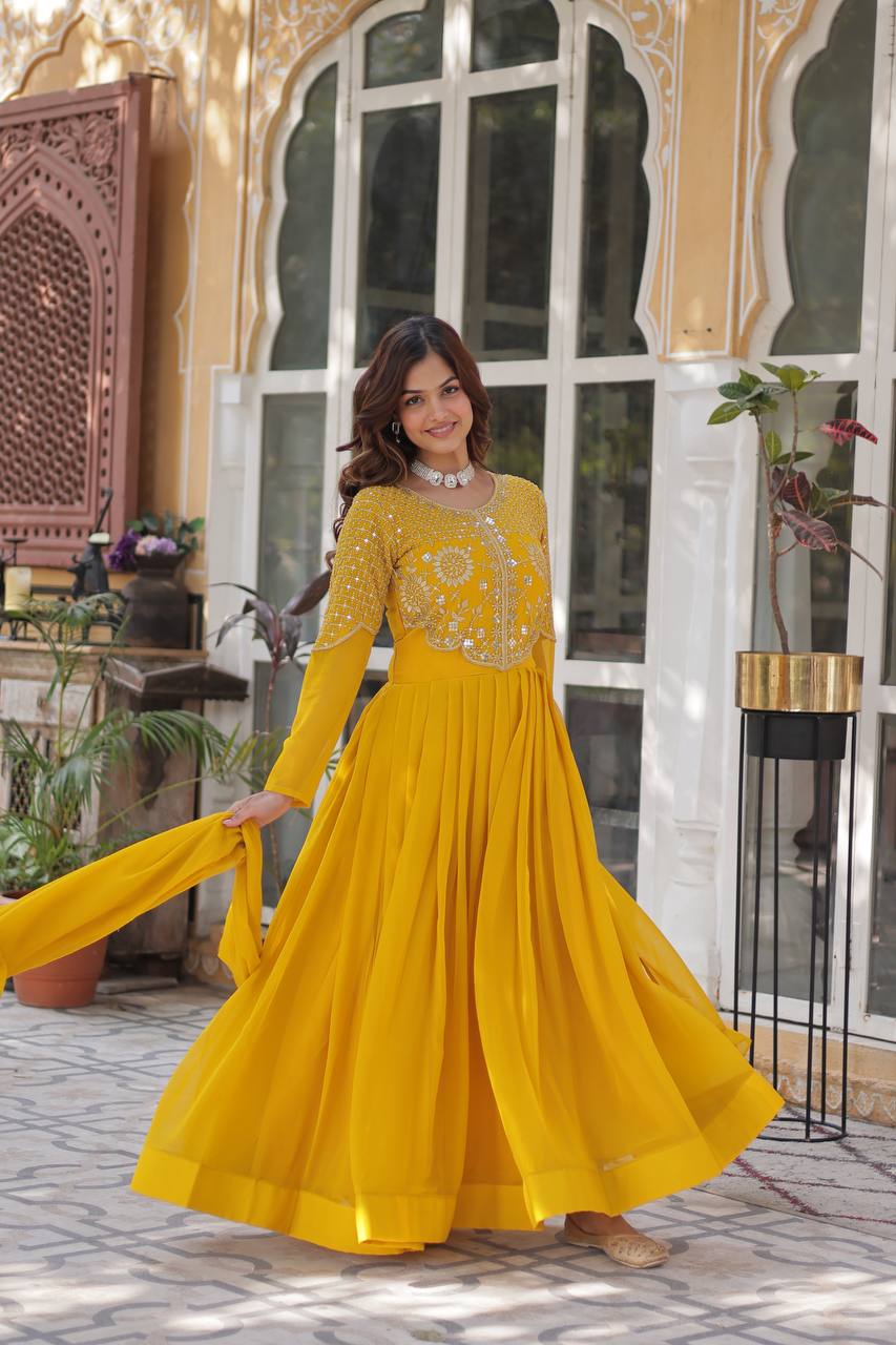 Party Wear Yellow Color Faux Blooming Georgette With Attractive Embroidered Work Designer Gown