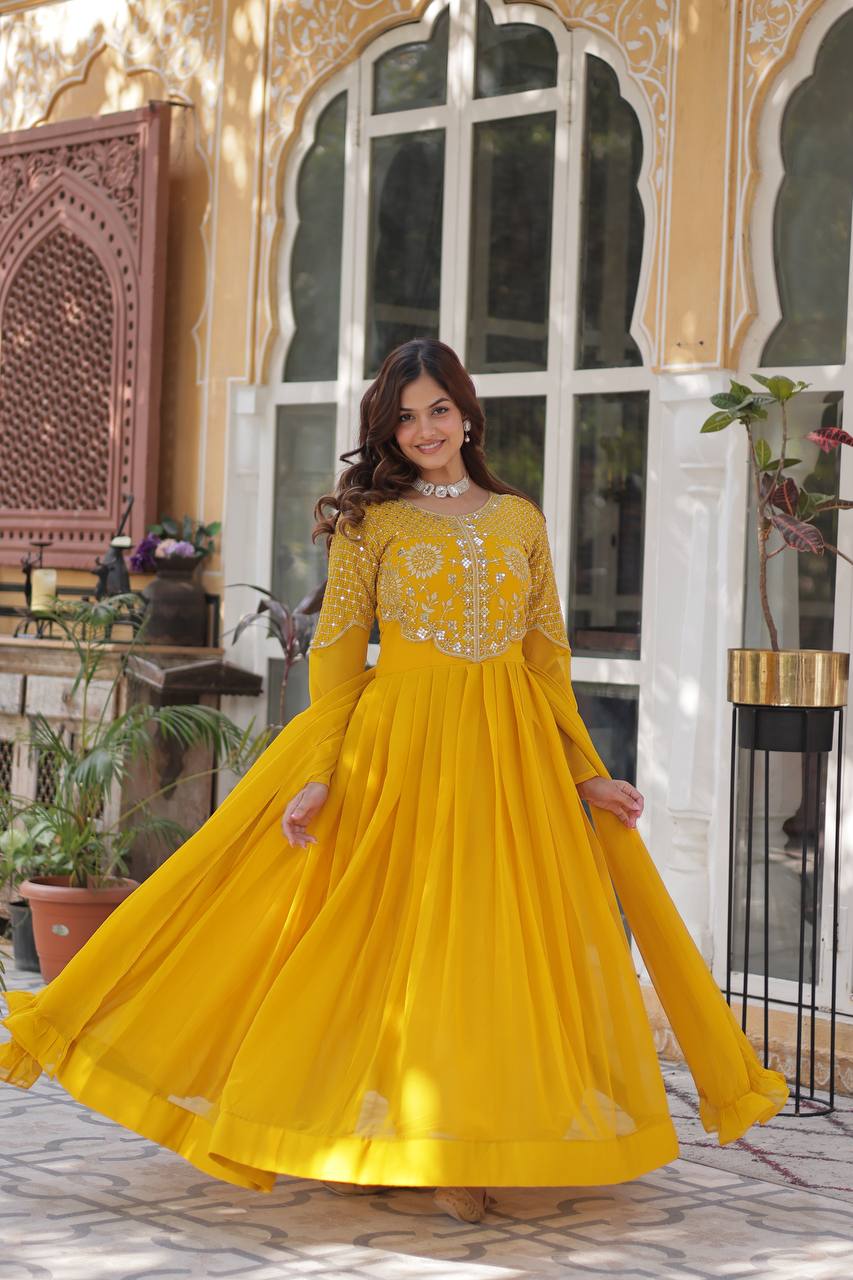 Party Wear Yellow Color Faux Blooming Georgette With Attractive Embroidered Work Designer Gown