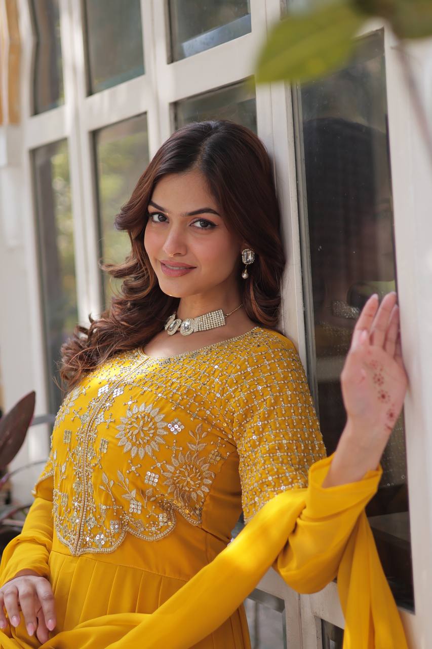 Party Wear Yellow Color Faux Blooming Georgette With Attractive Embroidered Work Designer Gown