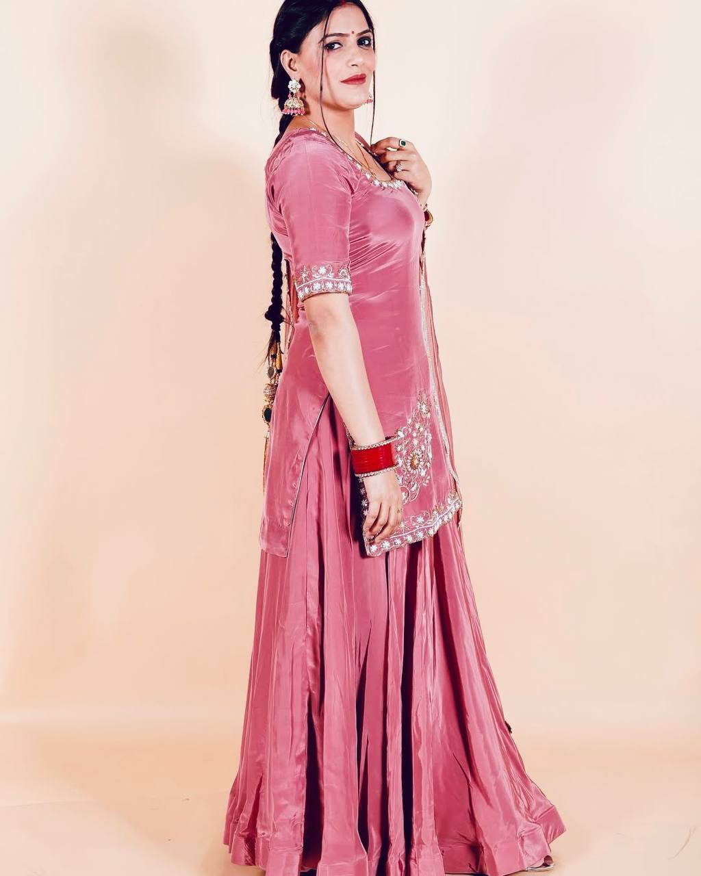 Beautiful Pink Color Heavy Natural Crepe Embroidered Sequence Work with Fancy Top-Sharara-Dupatta Set