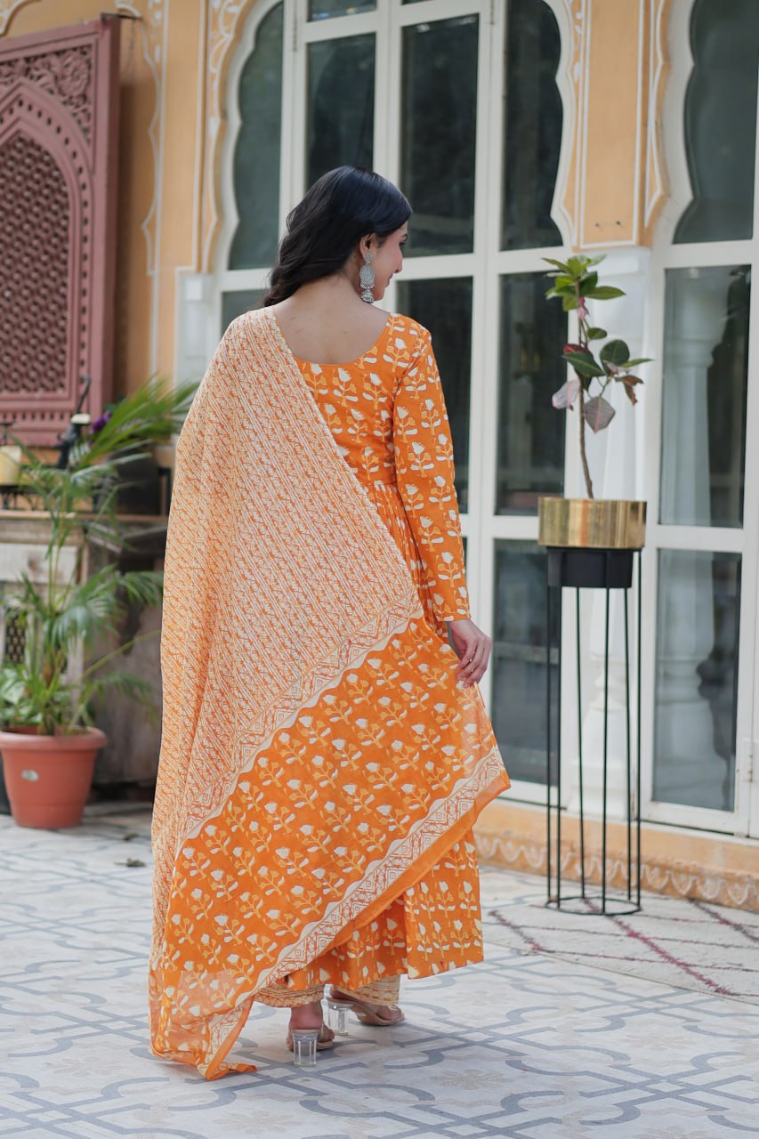 Fabulous Orange Color Pure Cotton Printed Designer Anarkali Suit