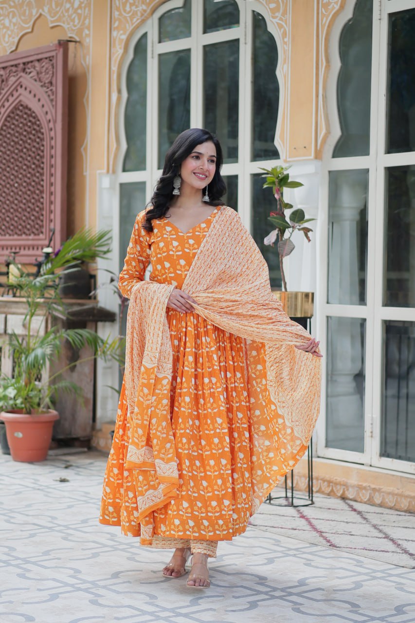 Fabulous Orange Color Pure Cotton Printed Designer Anarkali Suit