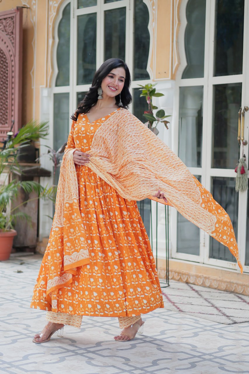 Fabulous Orange Color Pure Cotton Printed Designer Anarkali Suit
