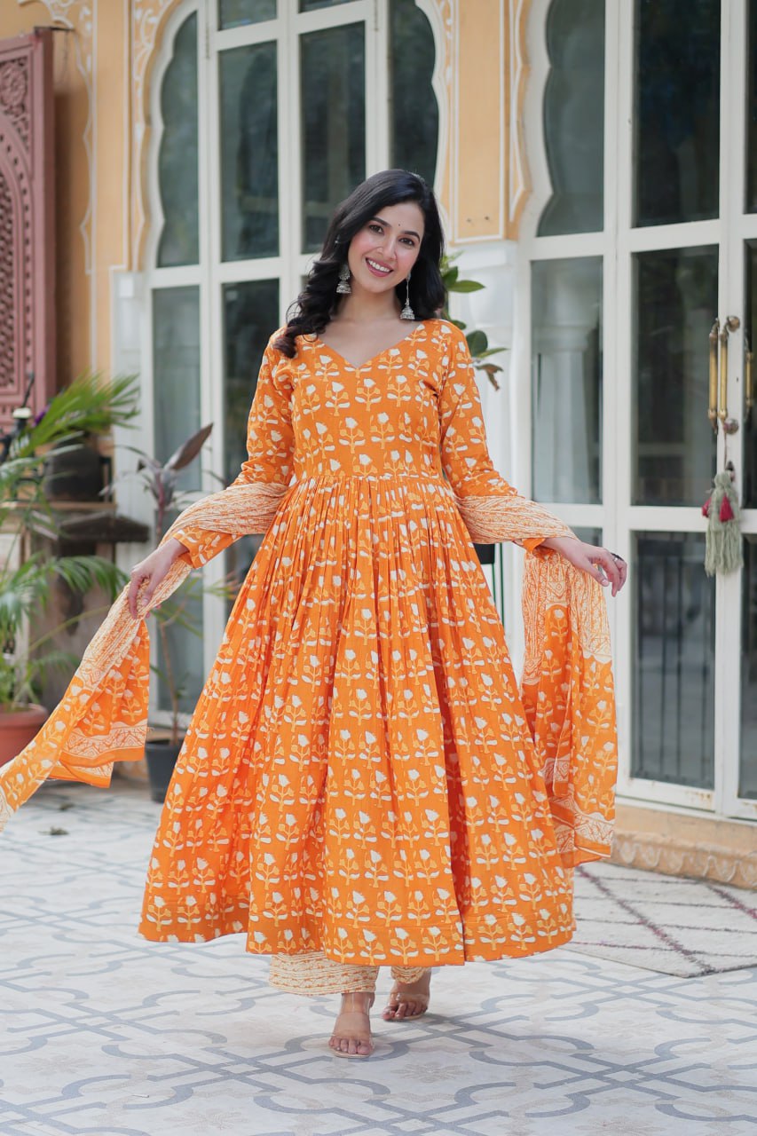 Fabulous Orange Color Pure Cotton Printed Designer Anarkali Suit