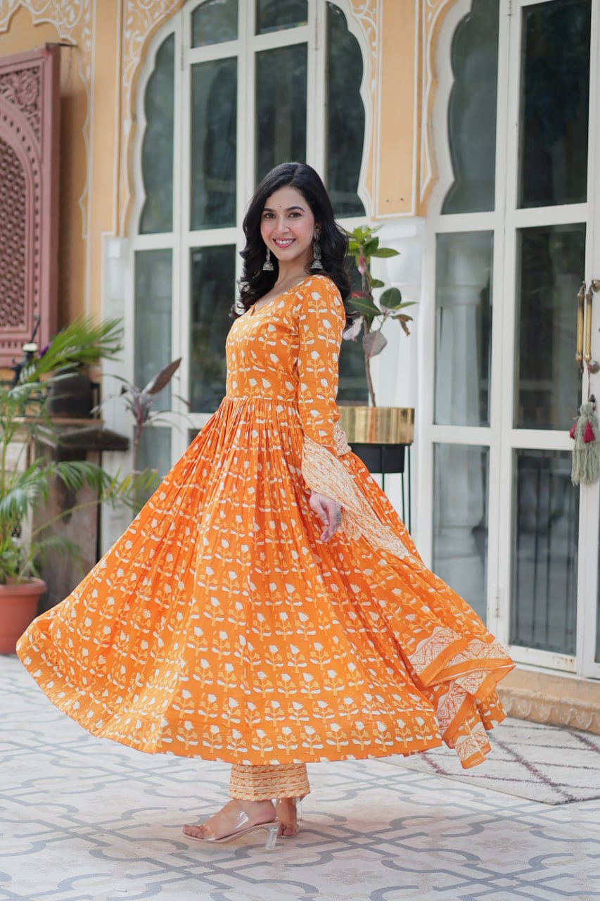 Fabulous Orange Color Pure Cotton Printed Designer Anarkali Suit