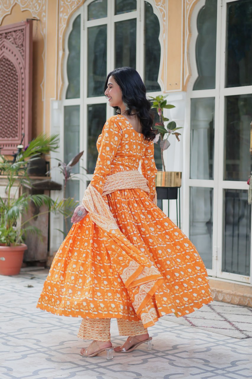 Fabulous Orange Color Pure Cotton Printed Designer Anarkali Suit