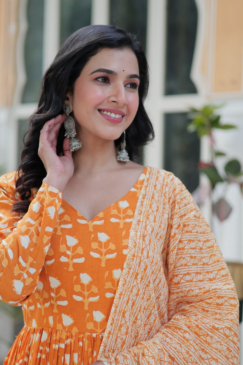 Fabulous Orange Color Pure Cotton Printed Designer Anarkali Suit