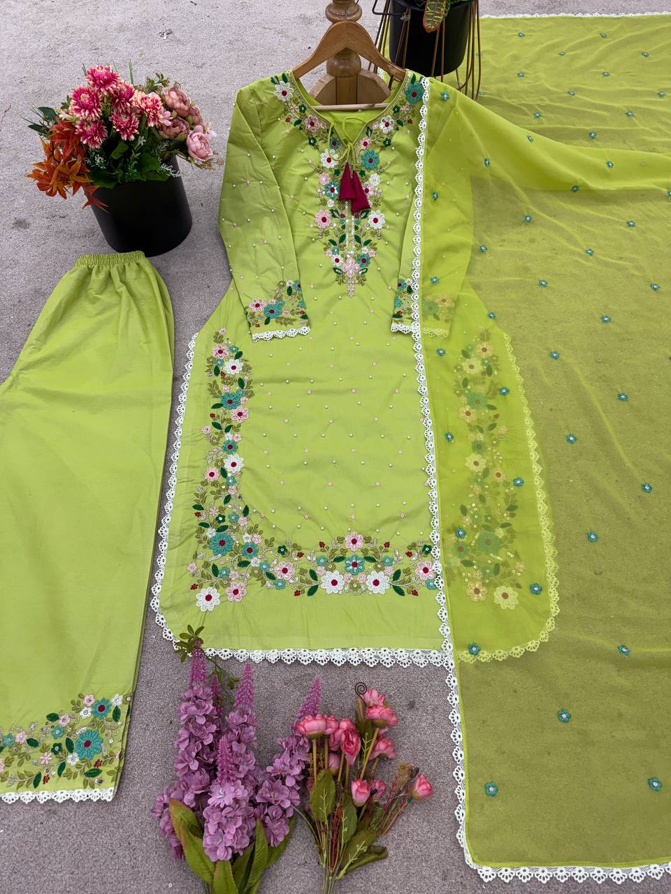 Function Wear Green Color Heavy Faux Georgette  Rich 5mm Embroidery Sequin Work Palazzo Salwar Suit