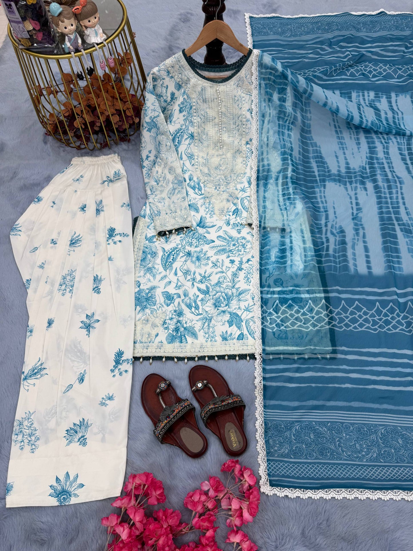 Functions Wear Blue Color Digital Print With Embroidery Work Palazzo Suit