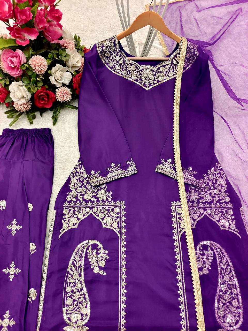 Purple Color Pure Natural Crepe with Heavy Embroidery With Sequence Work Palazzo Salwar Suit