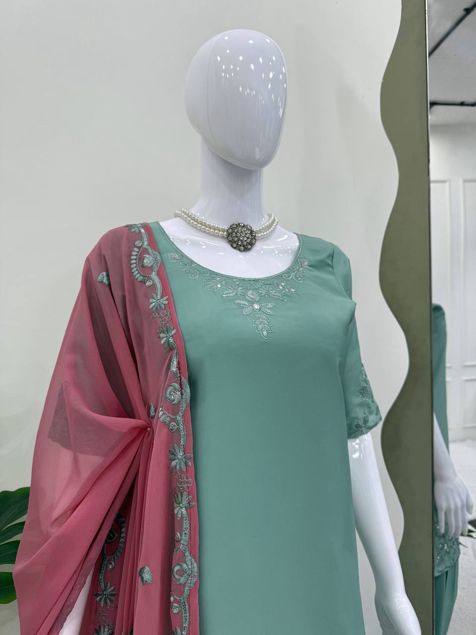 Function Wear Soft Natural Crepe With Delicate Thread Embroidery Work Palazzo Salwar Suit