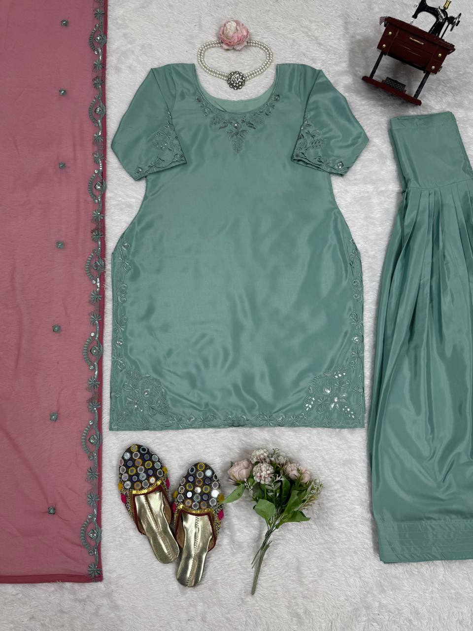 Function Wear Soft Natural Crepe With Delicate Thread Embroidery Work Palazzo Salwar Suit