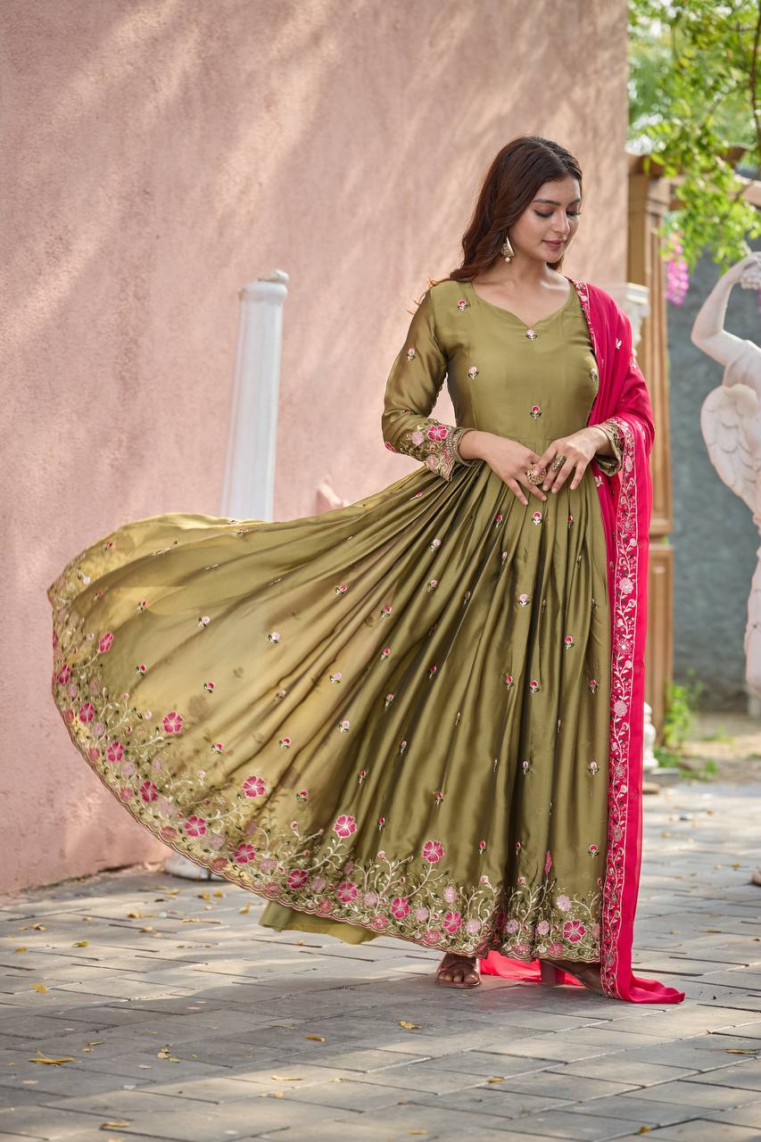 Party Wear Green Color Pure Rangoli Silk With Heavy Embroidery Sequence Work Beautiful Gown