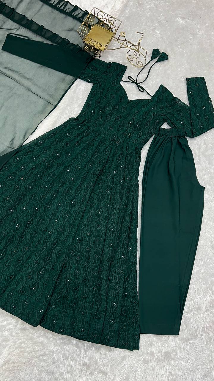 Function Wear Green Color Soft Faux Georgette With Lucknowi Sequin Work Anarkali Gown