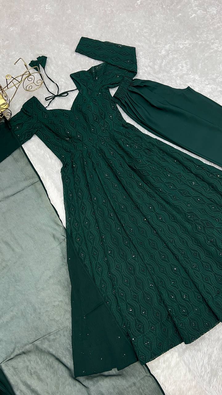 Function Wear Green Color Soft Faux Georgette With Lucknowi Sequin Work Anarkali Gown