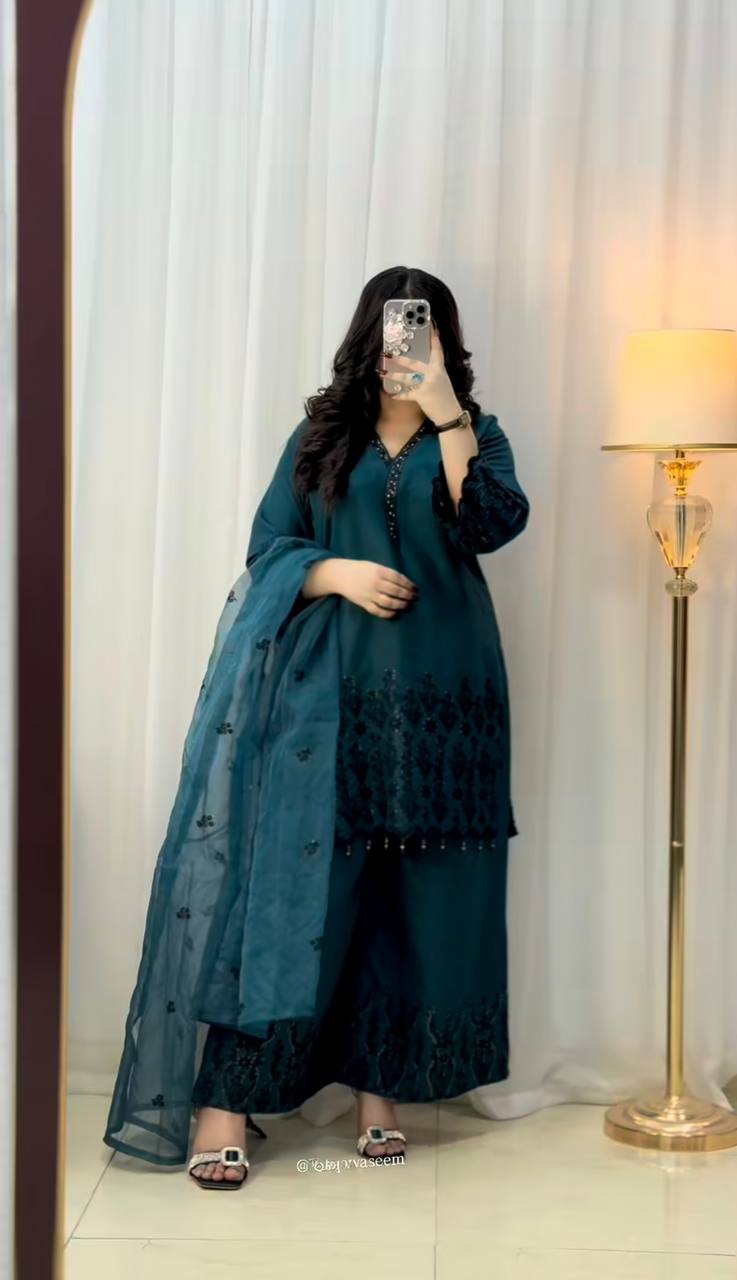 Function Wear Teal Green Color Vichitra Silk With Beautiful Embroidery Sequin Work Palazzo Suit