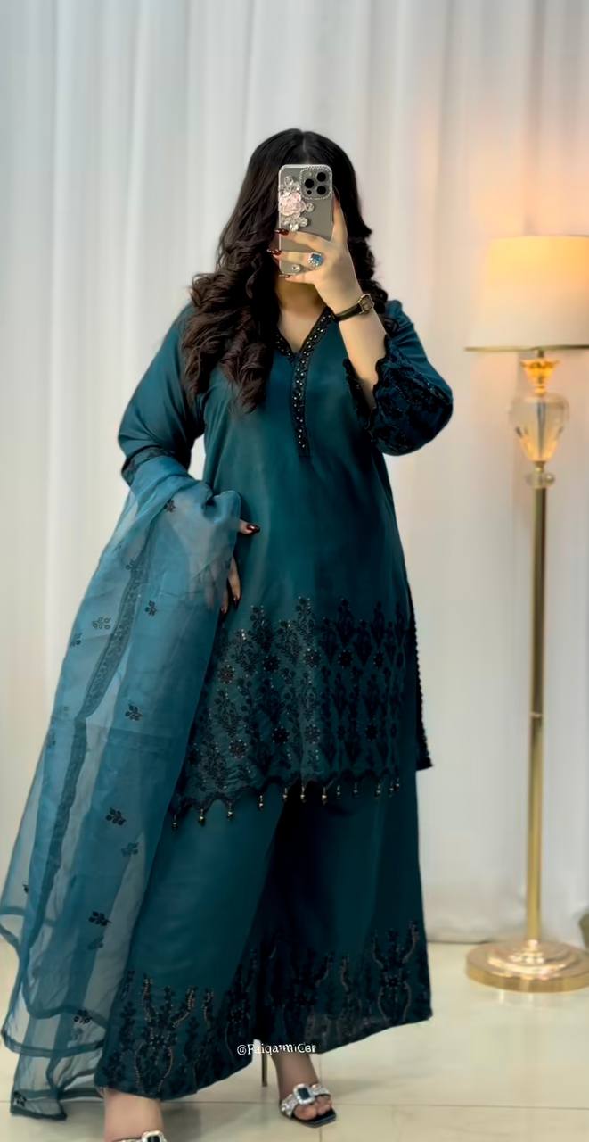 Function Wear Teal Green Color Vichitra Silk With Beautiful Embroidery Sequin Work Palazzo Suit