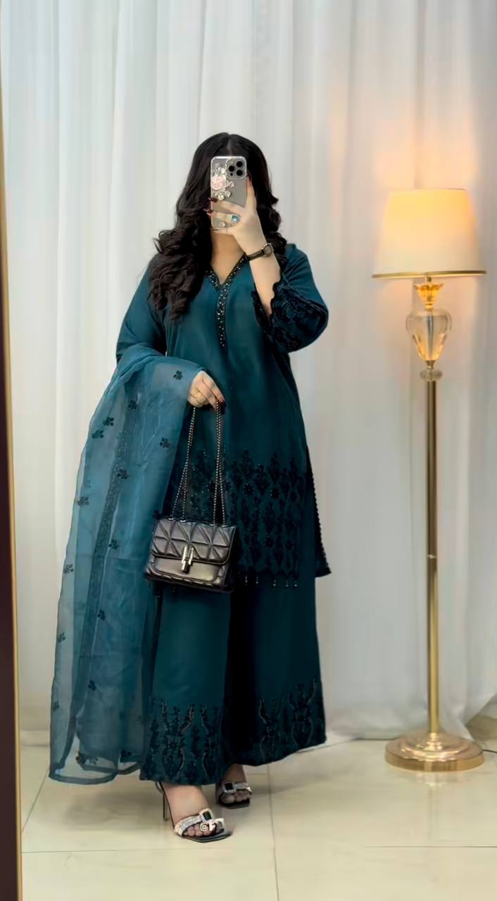Function Wear Teal Green Color Vichitra Silk With Beautiful Embroidery Sequin Work Palazzo Suit