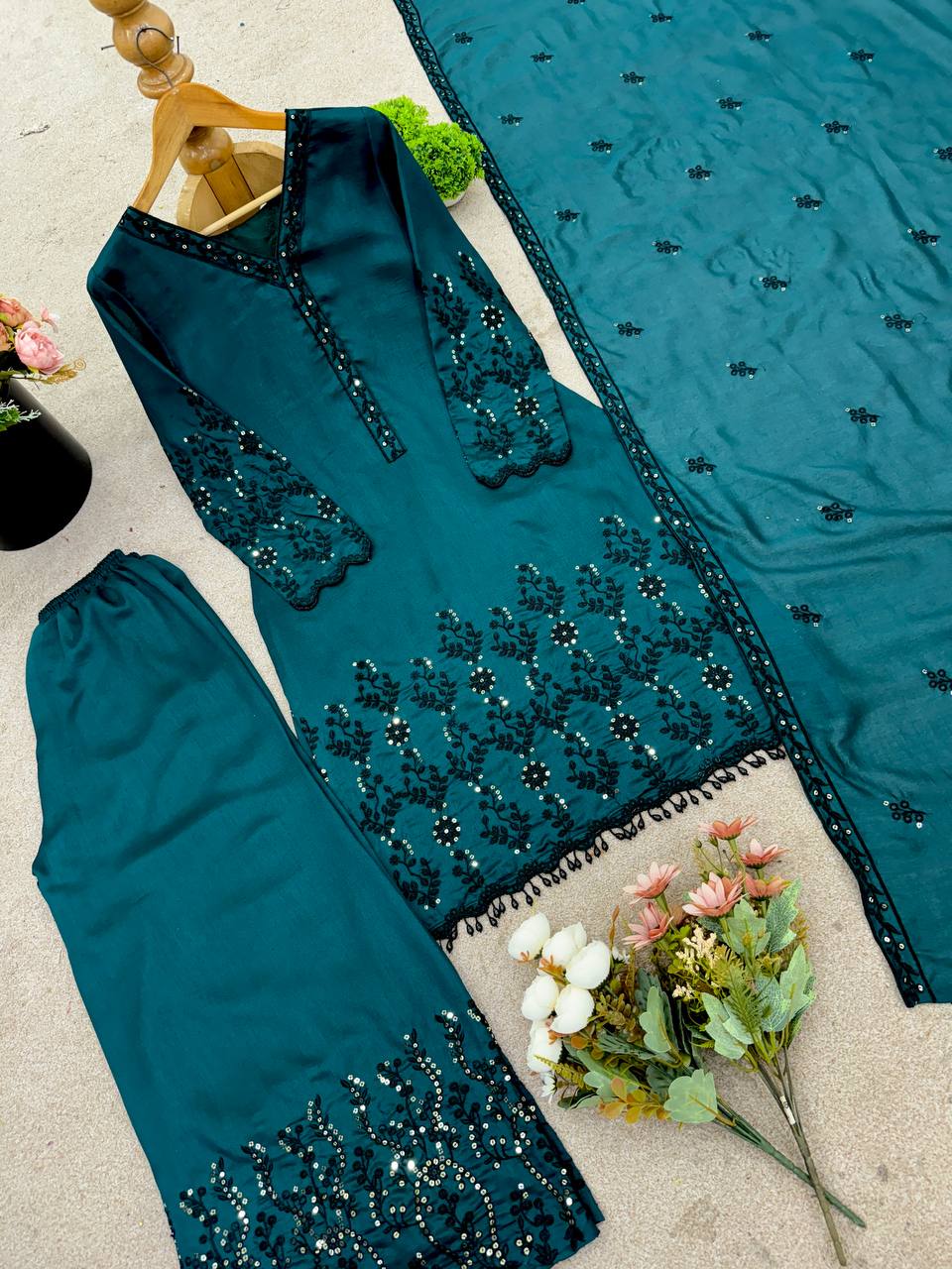 Function Wear Teal Green Color Vichitra Silk With Beautiful Embroidery Sequin Work Palazzo Suit