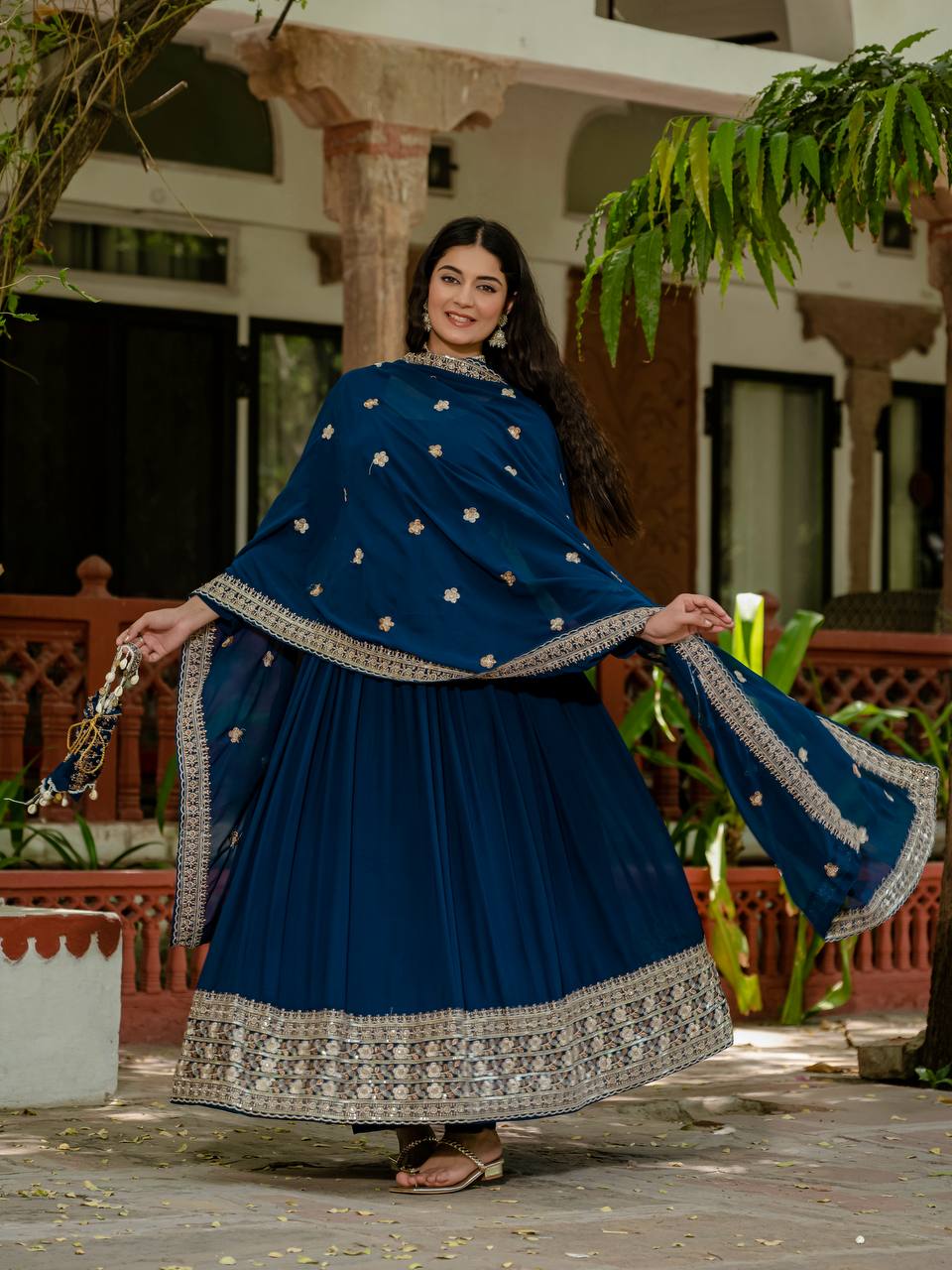 Wedding Wear Navy Blue Color Embroidery Work Beautiful Gown