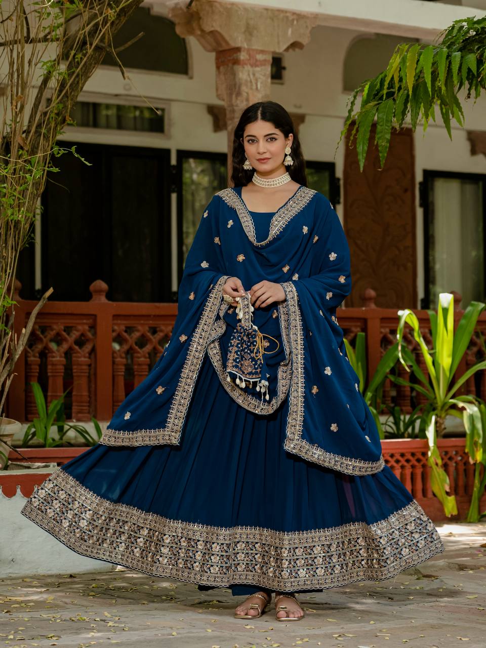 Wedding Wear Navy Blue Color Embroidery Work Beautiful Gown