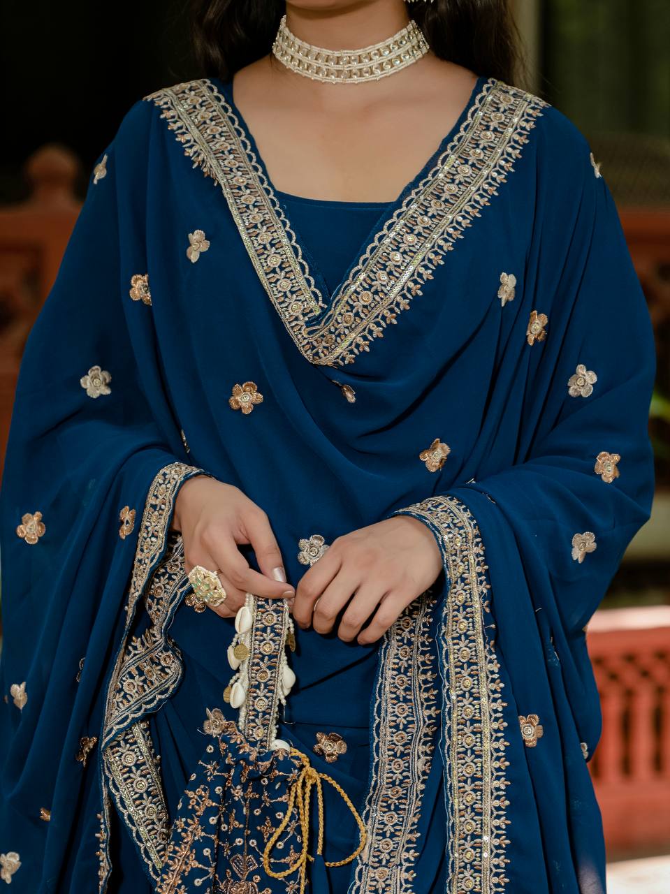 Wedding Wear Navy Blue Color Embroidery Work Beautiful Gown