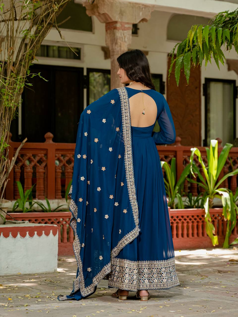 Wedding Wear Navy Blue Color Embroidery Work Beautiful Gown