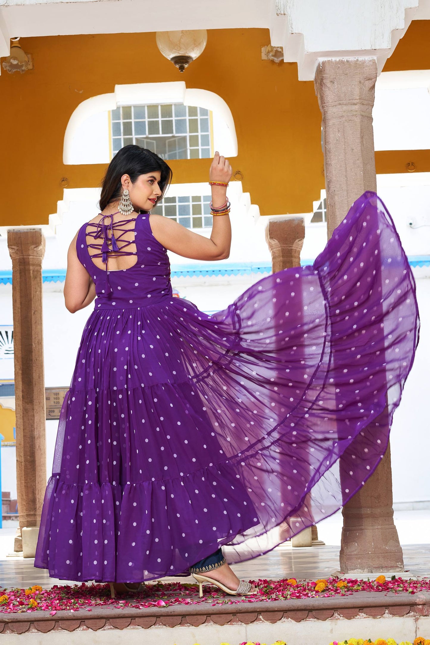Purple Color Bandhani Printed Gamathi Embroidery With Real Mirror Work Navratril Gown