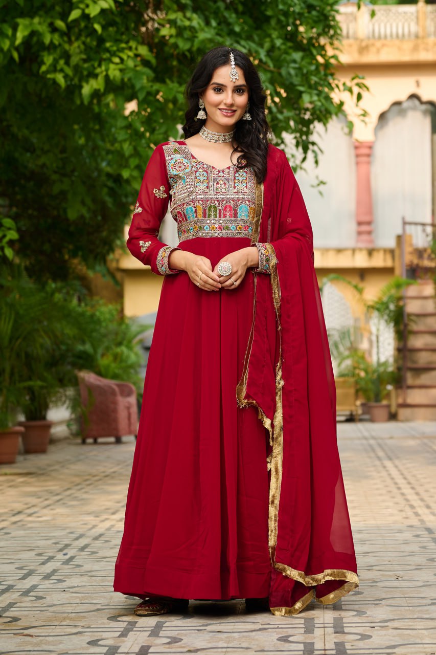 Ceremony Wear Maroon Color Embroidered Work Beautiful Gown