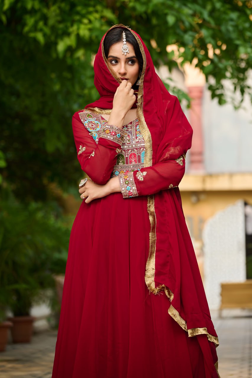 Ceremony Wear Maroon Color Embroidered Work Beautiful Gown